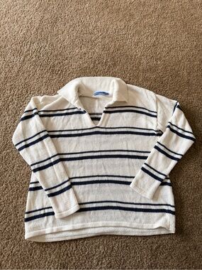 Womens J McLaughlin Cream V-Neck Striped Knit Sweater preppy cotton linen sz xs
